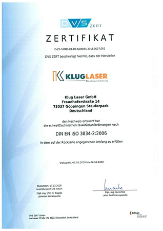 Zertifikat über schweißtechnische Qualitätsanforderungen nach DIN EN ISO 3834-2 : 2006