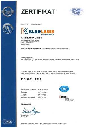 Zertifikat über Qualitätsmanagement nach DIN EN ISO 9001 : 2015
